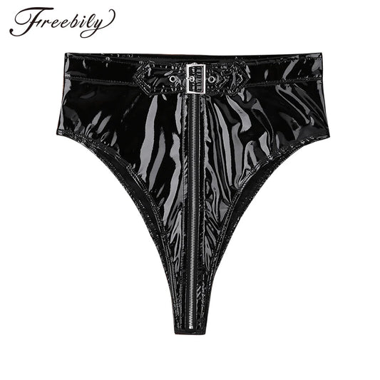 Frauen Dessous Sexy Höschen Wetlook PVC High Cut Reißverschluss mit Gürtel Briefs Unterwäsche Unterhosen Damen Mode gothic Clubwear