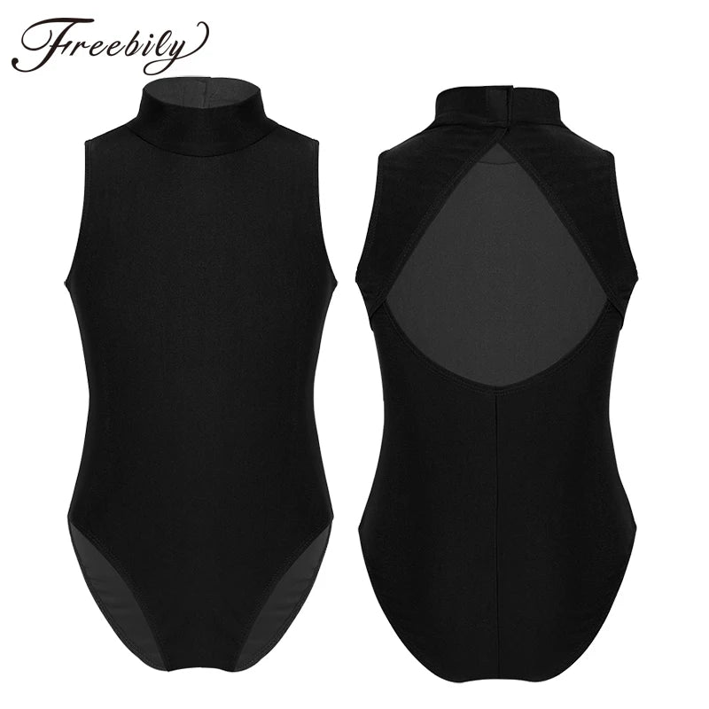 Girls Ballet Dance Leotard Sleeveless Open Back High Mock-Turtleneck Neck Cutout Back Ballet Gymnastics Leotard Body Suit