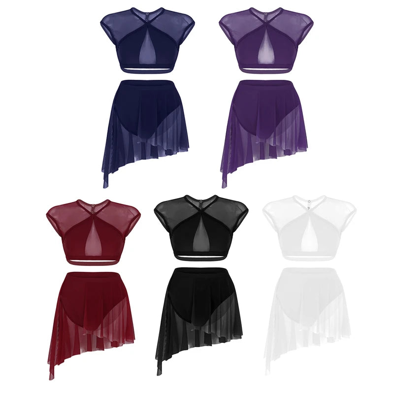 Women Asymmetrical Ballet Tutu Dancewear Female Mesh Splice Crop Top with Leotard Skirt Adult  Stage Lyrical Dance Costumes Set