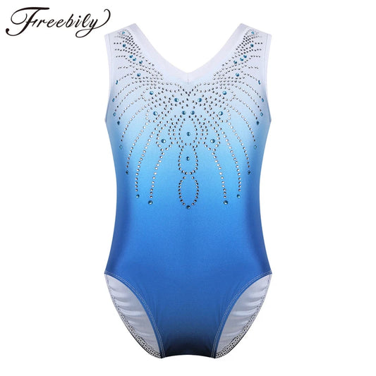 Kids Girls Sleeveless Shiny Rhinestone Ballet Dance Gymnastics Leotard One-Piece Swimsuit V Shaped Neck Kids Dance Wear