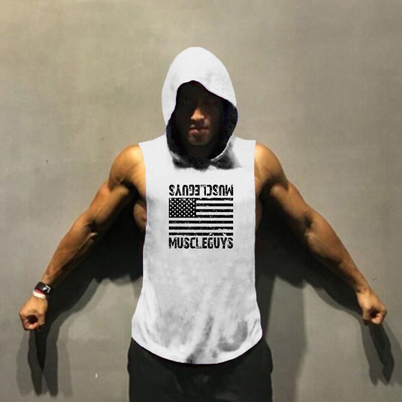 Muscleguys American flag Print Bodybuilding Sleeveless Hoodies Men Sporting Fitness hooded Tank Top Men Gyms Clothing Hoody