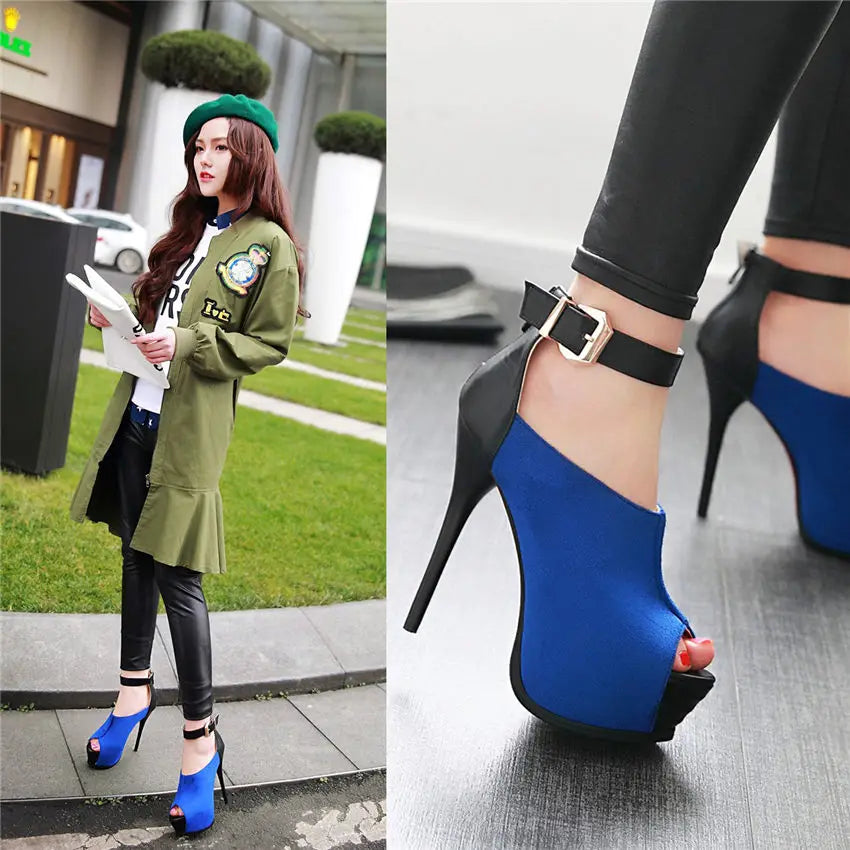 Sommer Frauen Plattform Pumpen Hohe Dünne Ferse Peep Toe Sandalen Blau Herde Patchwork Party Büro Damen Zipper Ankle Strap Stiletto