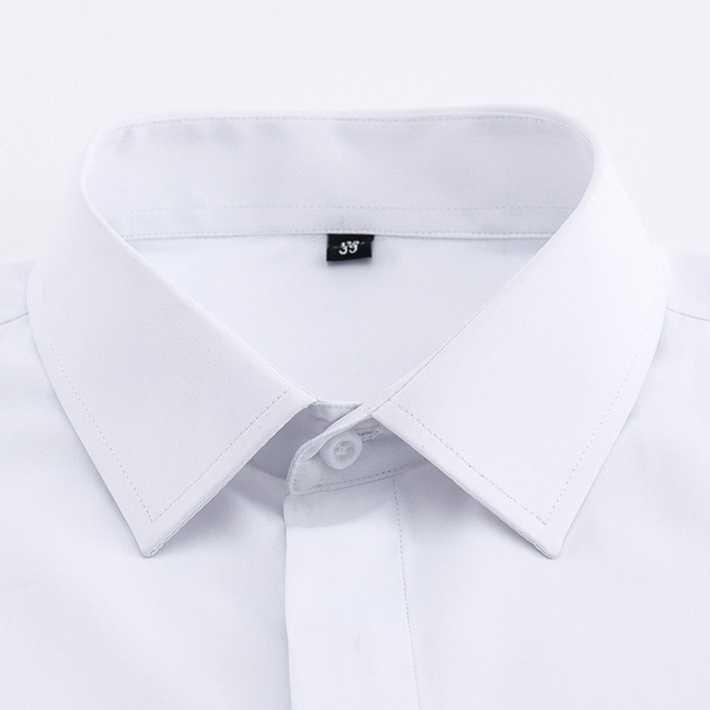 Men&#39;s Classic French Cuffs Solid Dress Shirt Covered Placket Formal Business Standard-fit Long Sleeve Office Work White Shirts