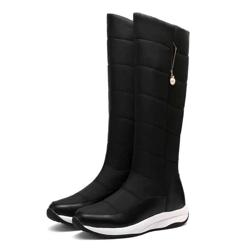 Winter Echt leder Frauen Plattform Schneeschuhe warm Plüsch weiß schwarz Perle lässig Reise Damen Keil Slip-On kniehohe Stiefel