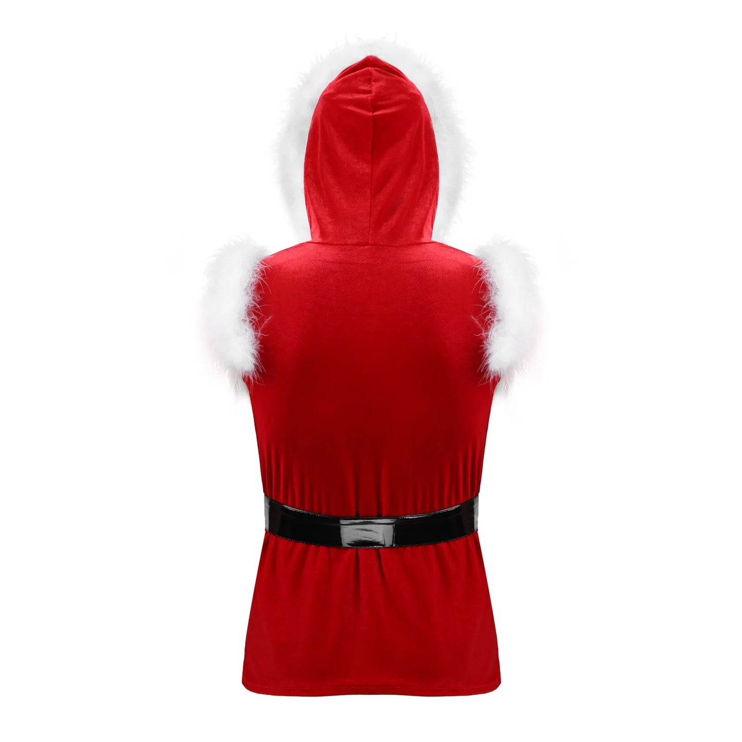 Mens Christmas Santa Claus Costum Red Green Velvet Hooded Vests Jacket Sleeveless Faux Fur Trimming Vest with Leather Belt