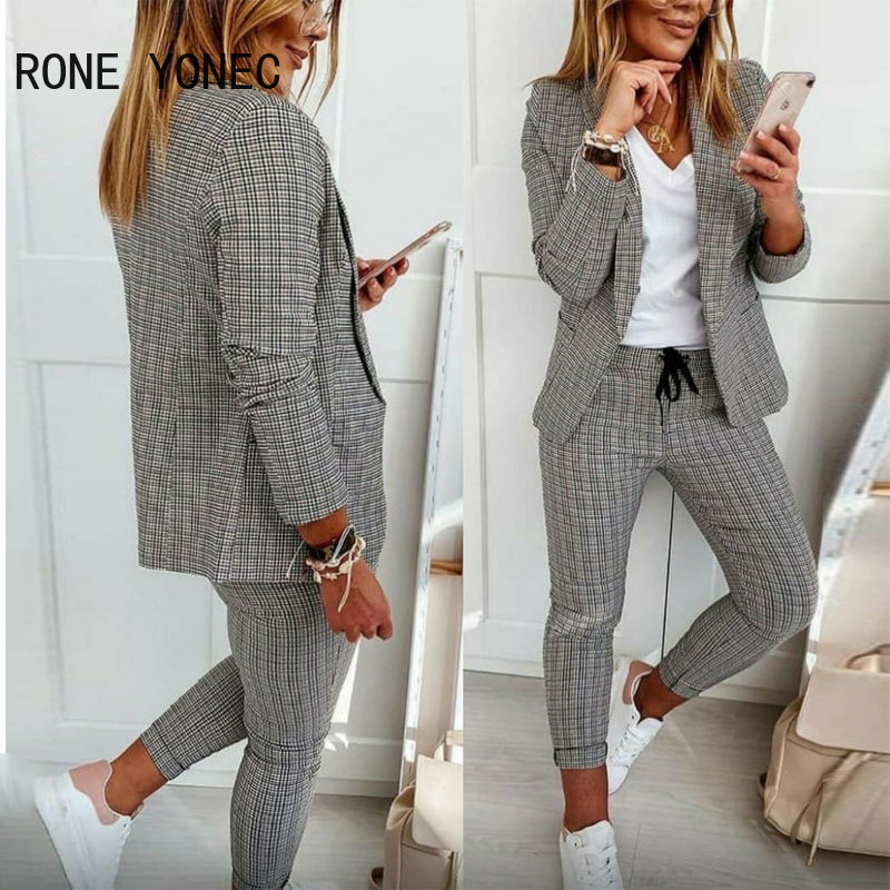 Frauen Elegante Plaid Print Blazer Mantel & Kordelzug Hosen Set Frauen Zwei Stück Set