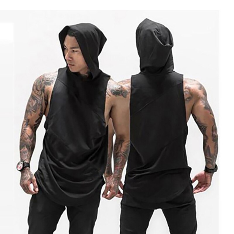 Muscleguys Solid Sleeveless Shirt with hoody Patchwork Gym Clothing Fitness Men Bodybuilding Stringer Tank Tops Hoodies Singlets