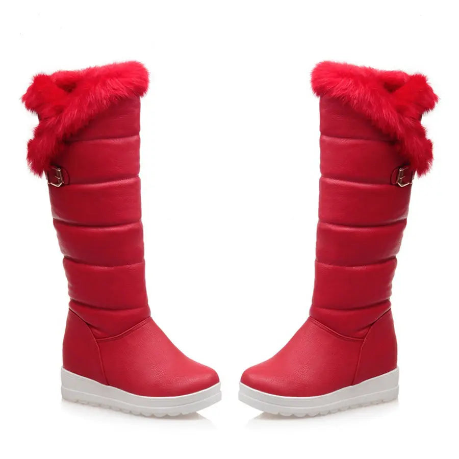 Rot Winter Frauen Warme Pelz Kniehohe Schnee Stiefel Rot Schwarz Dicken Plüsch Runde Kappe Schnalle Dame Höhe Zunehmende plattform Lange Stiefel