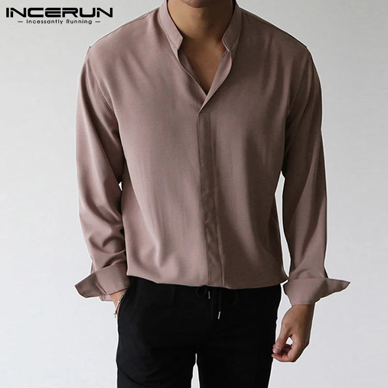 INCERUN Solid Color Men Shirt Brand V Neck Long Sleeve Streetwear Casual Tops Loose 2023 Fashion Leisure Camisa Masculina S-3XL