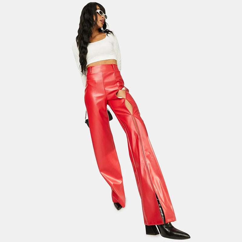 Faux Leather Front Split Flared Pants