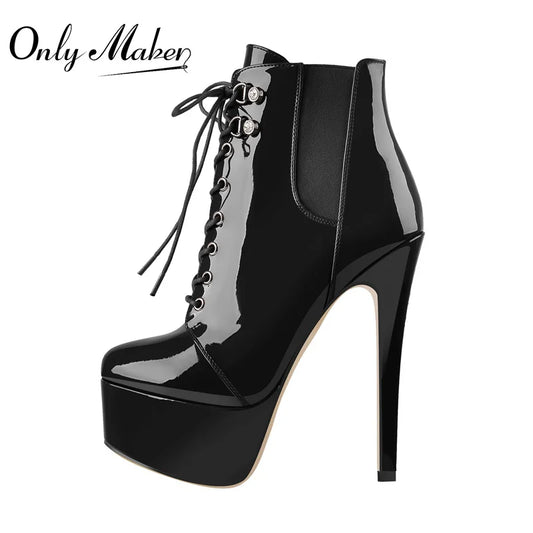 Only maker Frauen Plattform Stiefeletten dünne High Heels schnüren Lack leder Schuhe Reiß verschluss Mode Winters tiefel