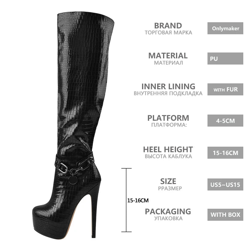 Onlymaker Dünne High Heel Über Das Knie Stiefel Dame Schwarz PU Crocodile Print Metall Kette Dekoration Zipper Winter Frauen Stiefel