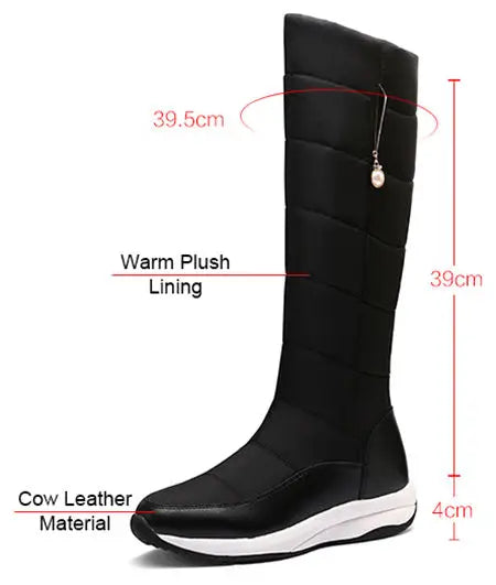 Winter Echt leder Frauen Plattform Schneeschuhe warm Plüsch weiß schwarz Perle lässig Reise Damen Keil Slip-On kniehohe Stiefel