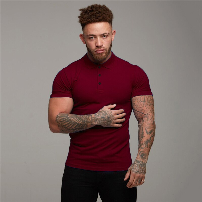 New Summer Fashion Mens Solid Short Sleeve Polo Shirts Cotton Slim Fit Turn Collar Male Gym Bodybuilding Fitness Polo Shirt