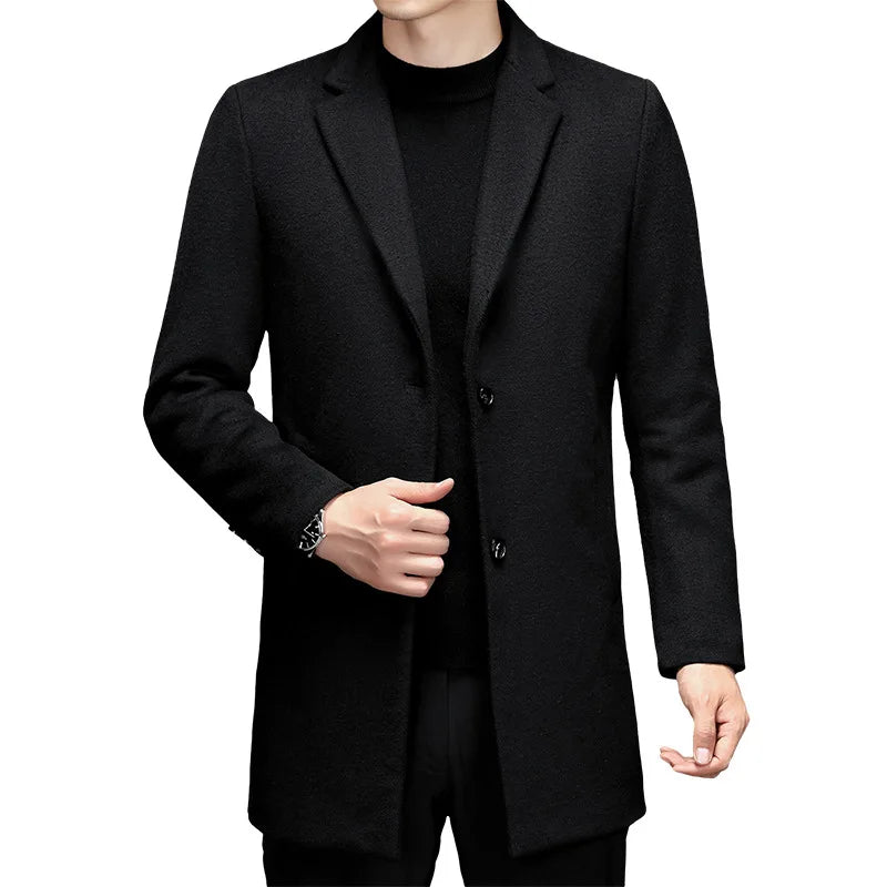 Wool Blends Coats for Men Fashion Smart Casual Long Mens Jackets and Coats Turn Down Collar Solid Mens Trench Coat Clothing 2021