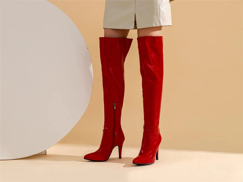 Zeigte Super Hohe Stiletto Patent Leder Über-Die-Knie Stiefel Helle Leder Kurze Plüsch Seite Zipper Stiefel