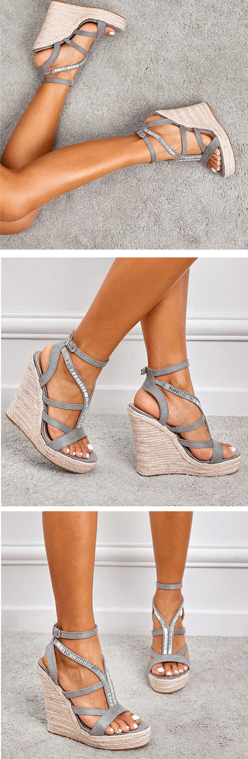 Neue Sommer Keil Sandalen Frauen Stroh Seil Weben Dicken Boden Plattform High Heels Mode Offene spitze Schnalle Strass Schuhe