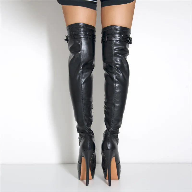 Only maker Frauen Plattform sexy über dem Knie Stiefel Dame High Heels Schnalle mattschwarz matt Winter weibliche Stiefel