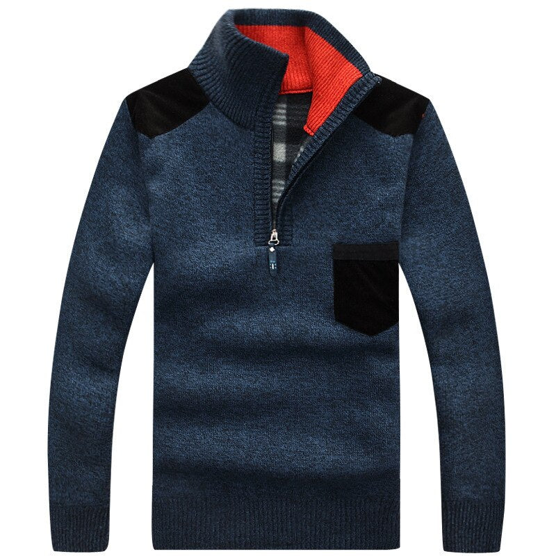 New Winter Mens Pullover Knitted Sweater Male Wool Fleece Thick Casual Pullover Patchwork Warm Pocket Sweater Standing Collar