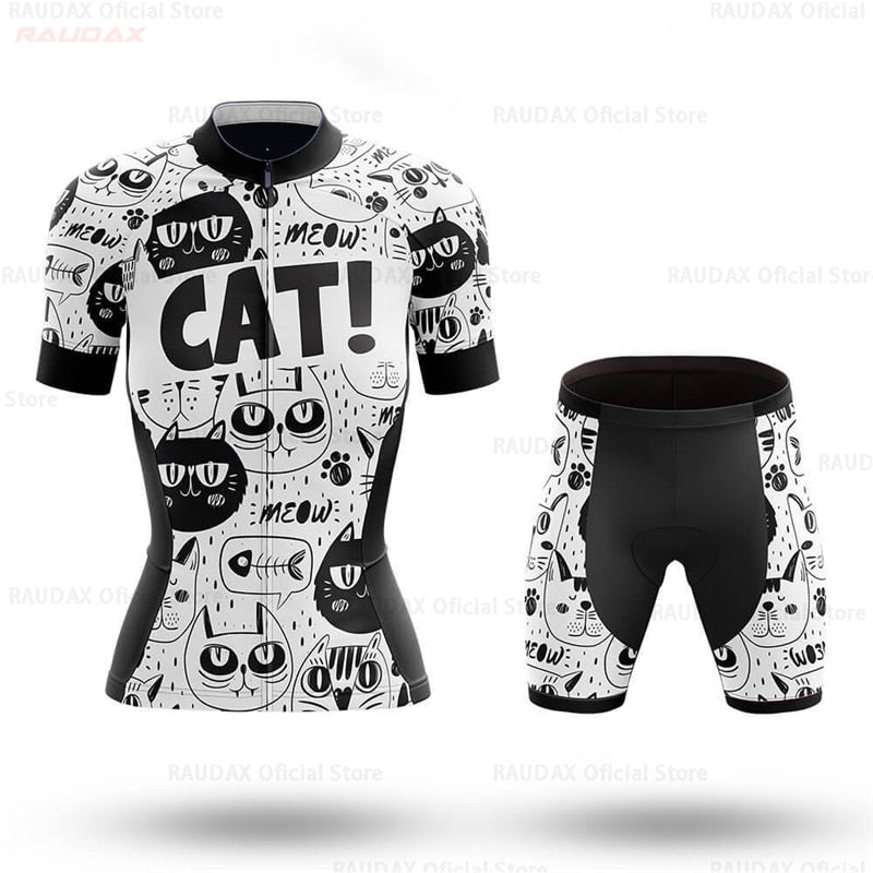 Cycling Clothing Breathable Woman White Cartoon Cat Cycling Jersey Summer Anti-Pilling Bike Clothing Top Road Team Bicycle Shirt
