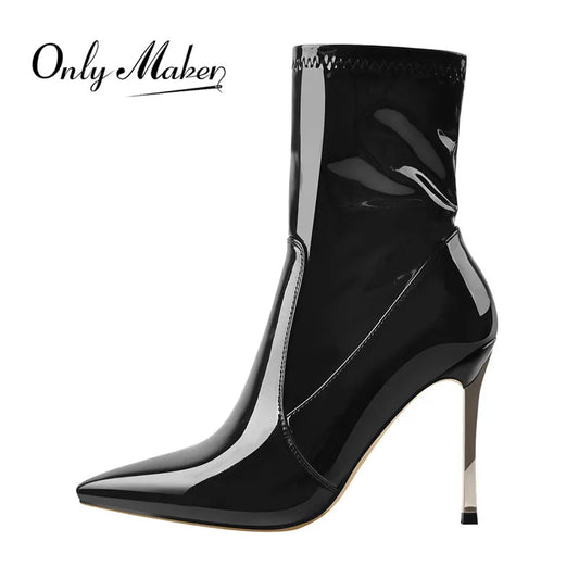 Only maker Frauen poited Toe schwarz Metall dünne High Heel Ankel Stiefeletten Seite Reiß verschluss Mode kurze Stiefel