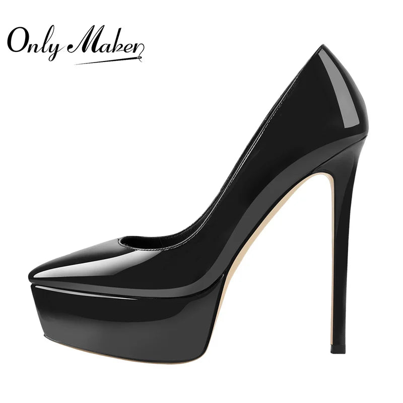 Onlymaker Frauen Spitz Plattform Pumpen Concise Slip Auf Dünnen High Heels Patent Leder Matte Schwarz Big Size Elegante Schuhe