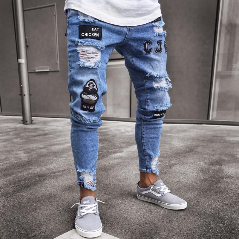 Men Stylish Ripped Jeans Pants Biker Slim Straight Hip Hop Frayed Denim Trousers New Fashion Skinny Jeans Men European Size