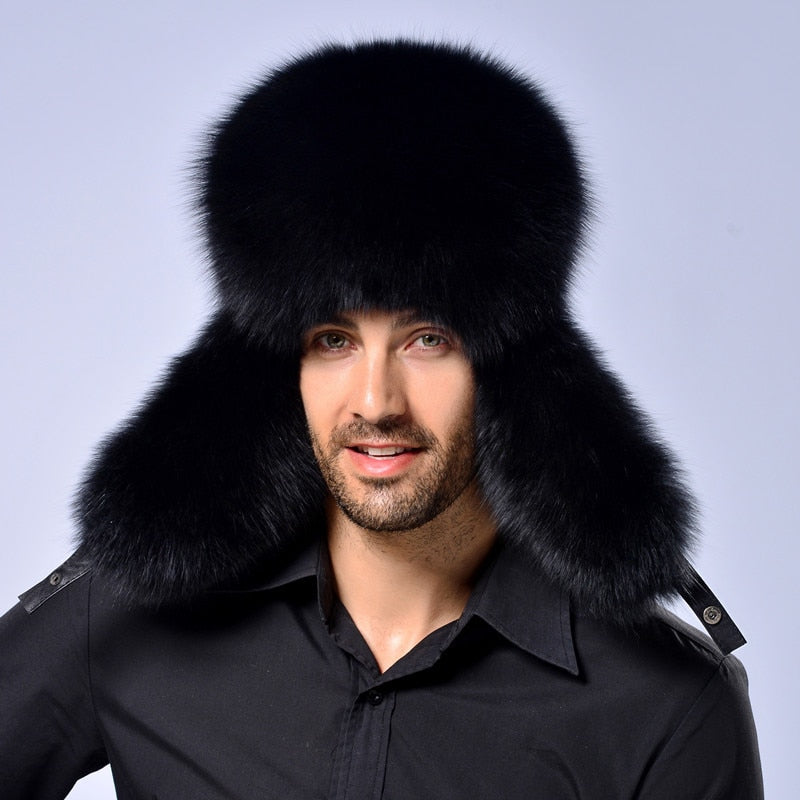Russian Leather Bomber Hat Men Winter Hats With Earmuffs Trapper Earflap Cap Man Natural Raccoon Warm Thick Fox Fur Black New