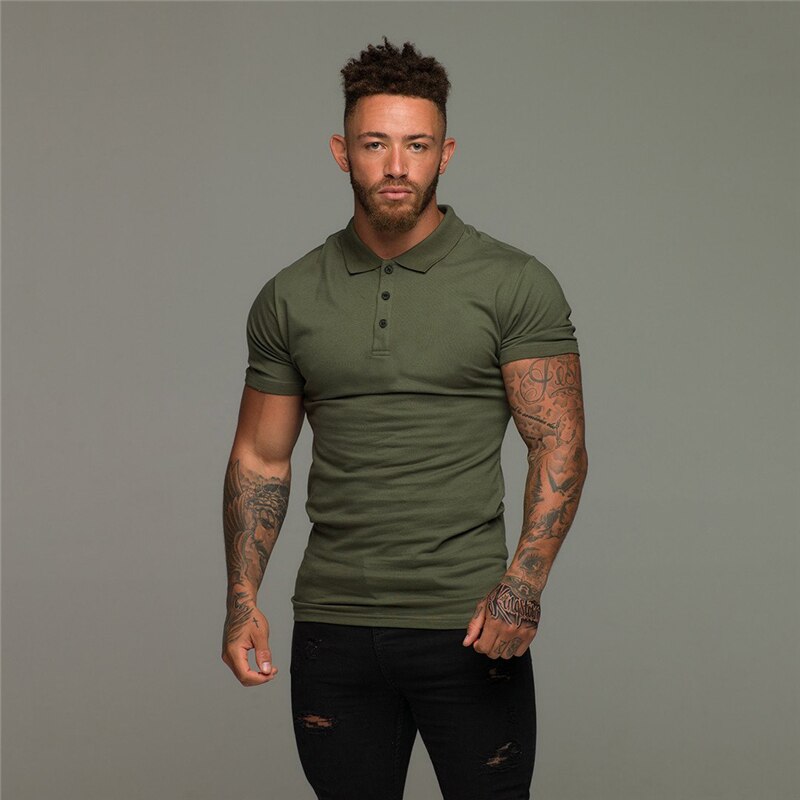 New Summer Fashion Mens Solid Short Sleeve Polo Shirts Cotton Slim Fit Turn Collar Male Gym Bodybuilding Fitness Polo Shirt