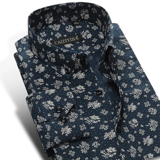 Men&#39;s Traveling Casual Floral Printed Cotton Shirts Pocketless Comfortable Long Sleeve Standard-fit Button-down Fashion Shirt