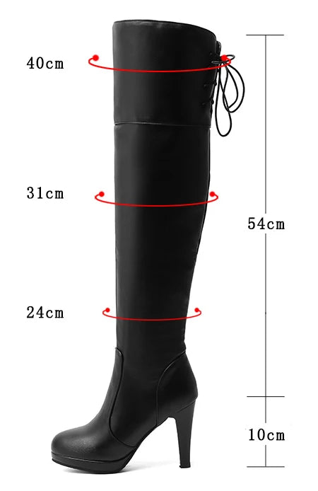 Winter Frauen Oberschenkel-hohe Plattform Stiefel Hohe Spike Heels Schwarz Weiß Party Club Damen Runde Kappe Zipper Sexy Lange über Knie Stiefel