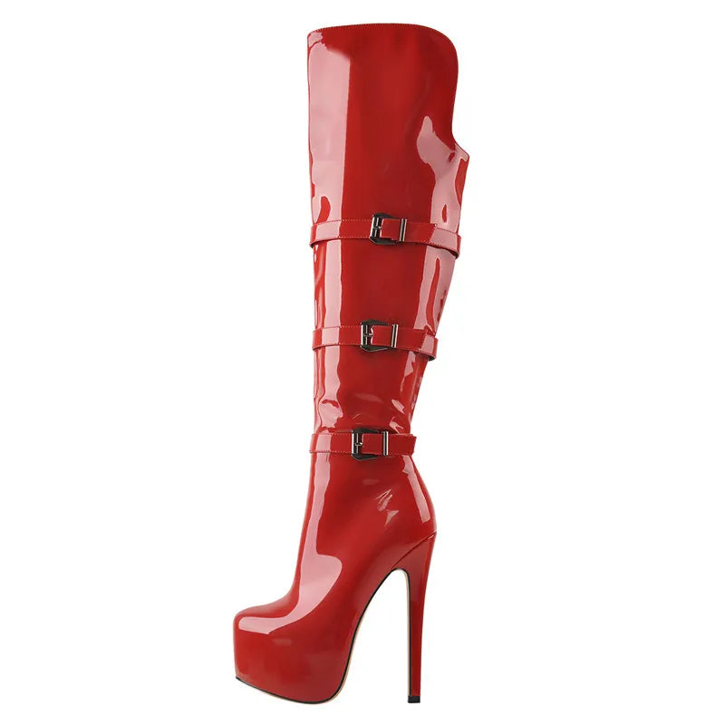 Only maker Frauen Plattform runde Zehen Stiletto Seite Reiß verschluss über dem Knie hohe Stiefel Lack leder rot Mode sexy Winters tiefel