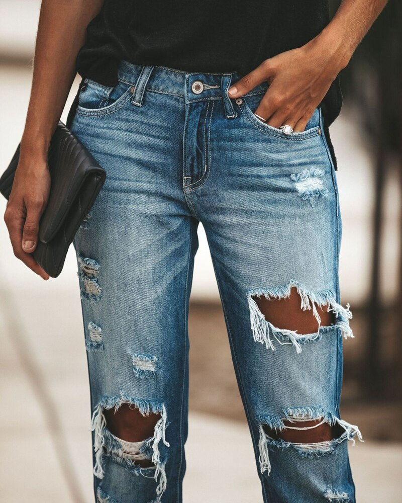 Women Fashion Mid Waist  Big Ripped Hole Jeans
