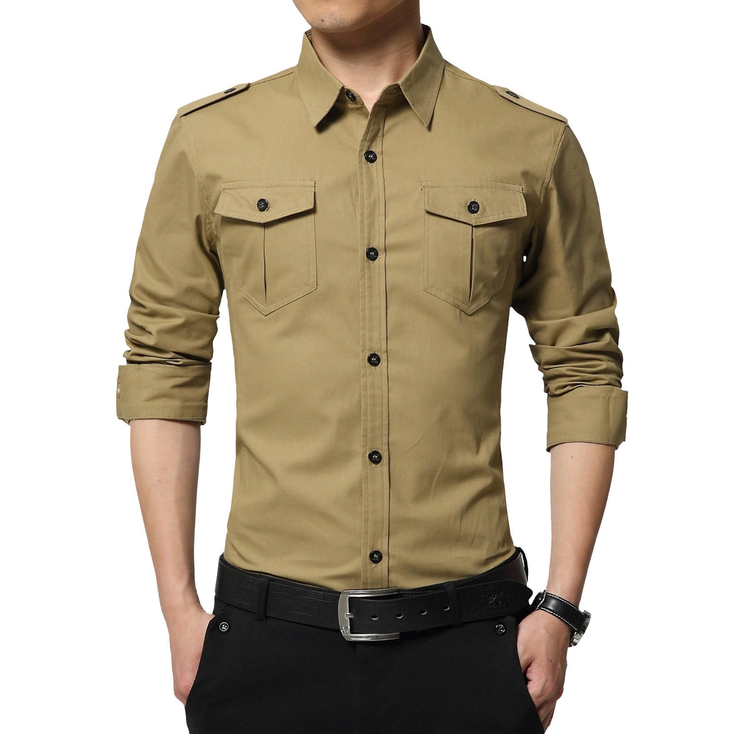 Mens Cotton Long Sleeves Military Pocket Shirts