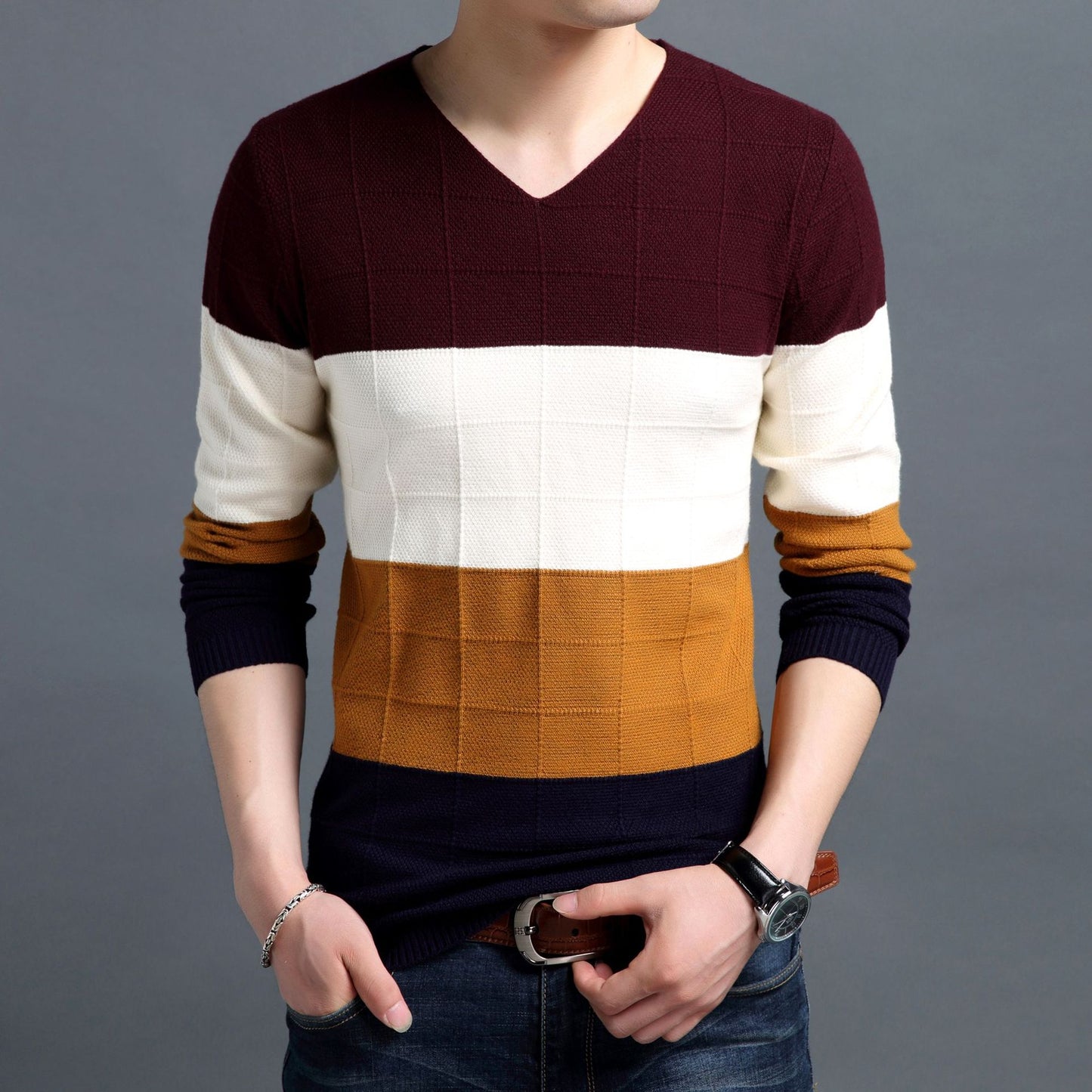 New Men Pullover Fashion V Neck Spring Autumn Slim Fit  Knit Patchwork Striped Male Sweater Casual Jumpers Outwear Full Sweater