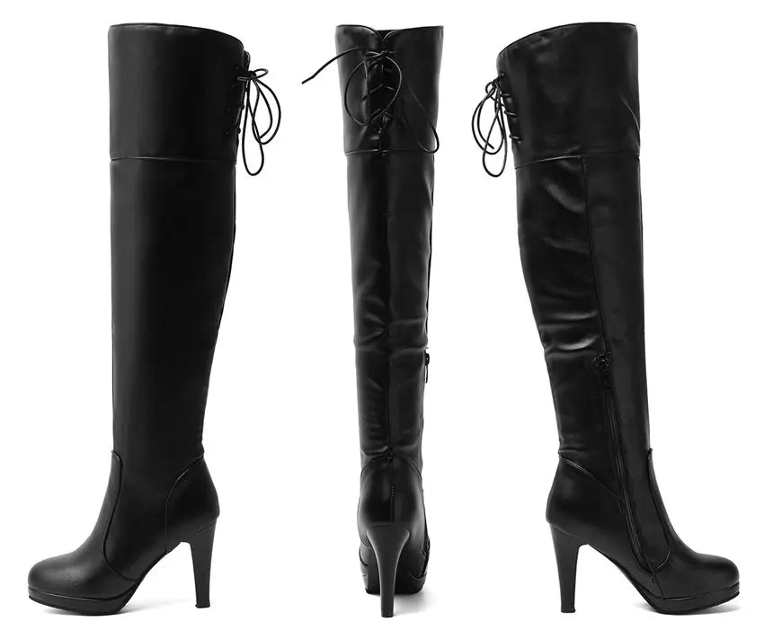 Winter Frauen Oberschenkel-hohe Plattform Stiefel Hohe Spike Heels Schwarz Weiß Party Club Damen Runde Kappe Zipper Sexy Lange über Knie Stiefel