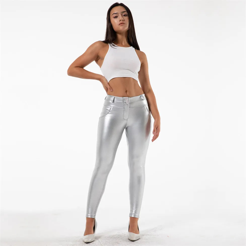 Shascullfites Melody Metallic Leder Hosen Vier Ways Dehnbar Reflektierende Dünne Warme Hosen Für Frauen Party Club Tragen