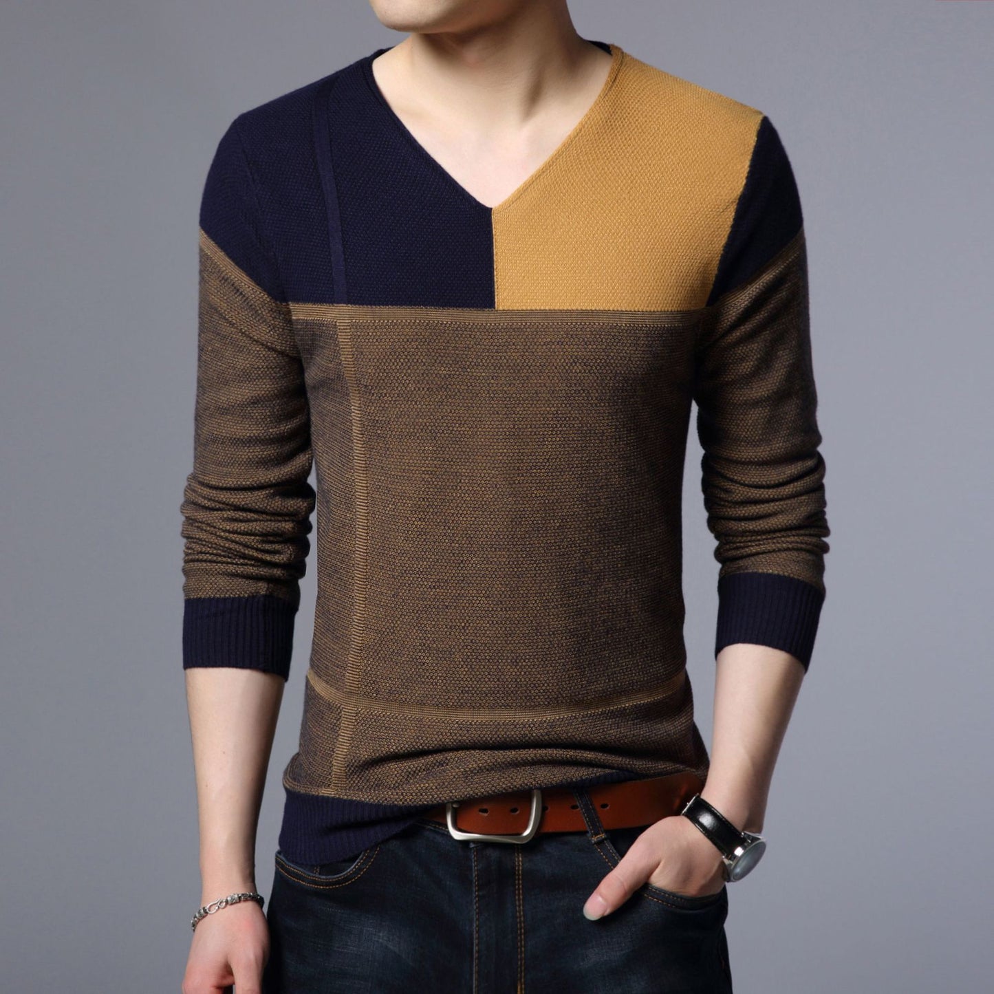 New Men Pullover Fashion V Neck Spring Autumn Slim Fit  Knit Patchwork Striped Male Sweater Casual Jumpers Outwear Full Sweater