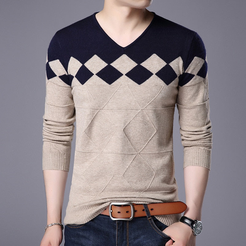 New Men Pullover Fashion V Neck Spring Autumn Slim Fit  Knit Patchwork Striped Male Sweater Casual Jumpers Outwear Full Sweater