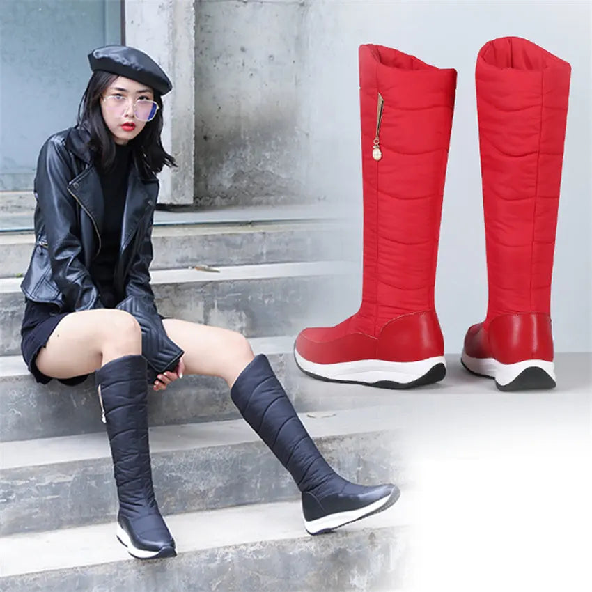 Winter Echt leder Frauen Plattform Schneeschuhe warm Plüsch weiß schwarz Perle lässig Reise Damen Keil Slip-On kniehohe Stiefel