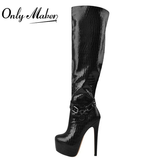 Onlymaker Dünne High Heel Über Das Knie Stiefel Dame Schwarz PU Crocodile Print Metall Kette Dekoration Zipper Winter Frauen Stiefel