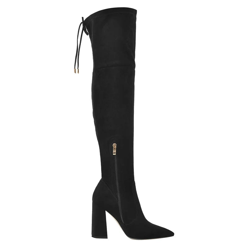 Only maker Damen spitzen Zehen über dem Knie Stiefel klobige High Heel schwarz pu Faux Wildleder zurück Reiß verschluss Winters tiefel Schuhe