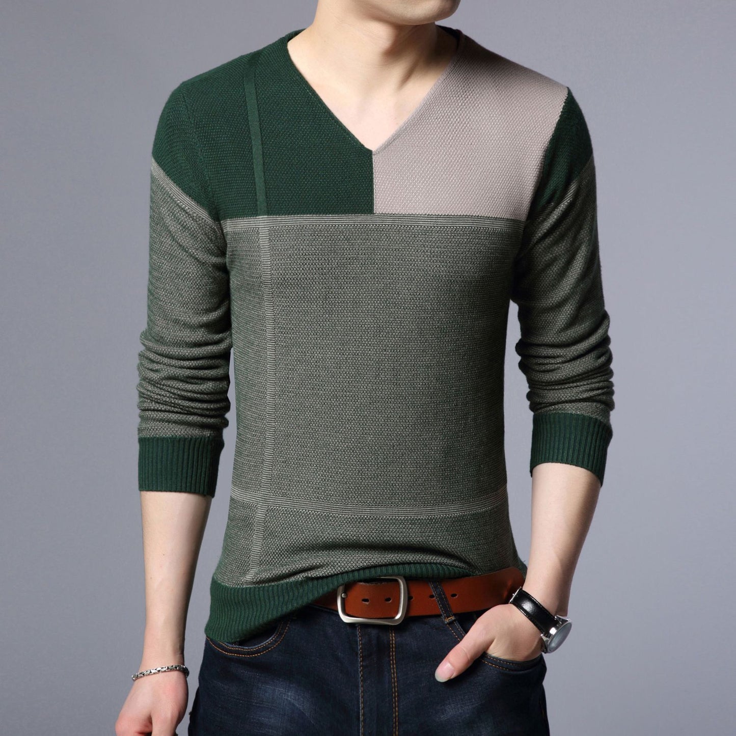 New Men Pullover Fashion V Neck Spring Autumn Slim Fit  Knit Patchwork Striped Male Sweater Casual Jumpers Outwear Full Sweater