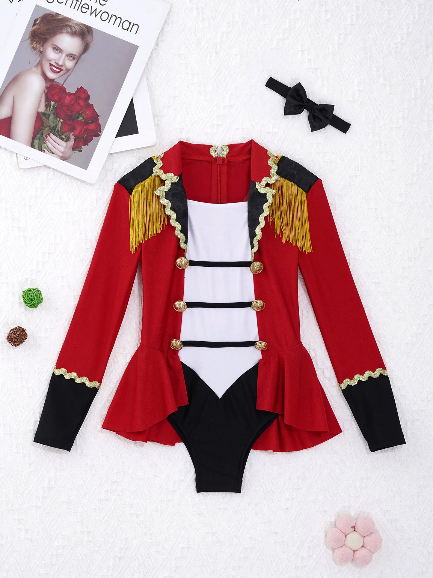 Kids Girls Circus Ringmaster Costume Long Sleeves Cosplay Jumpsuit with Tie Lion Tamer Halloween Carnival Cosplay Party Dress Up