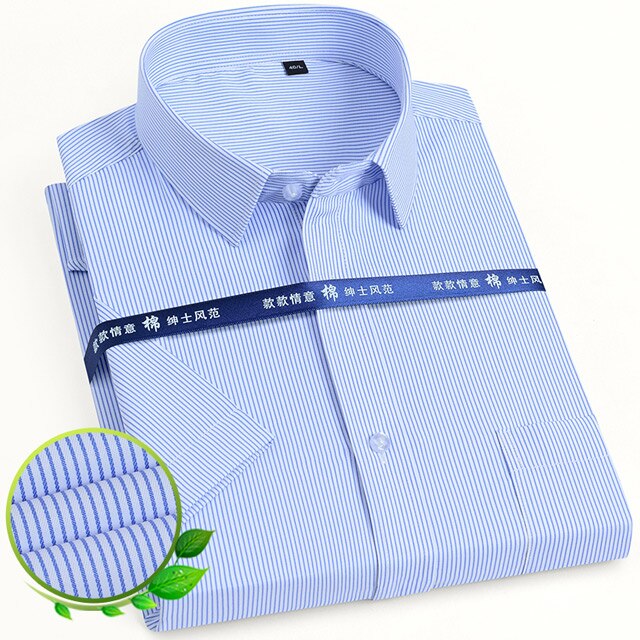 Men&#39;s Classic Short Sleeve Solid/striped Basic Dress Shirts Single Patch Pocket Business Standard-fit Summer Casual Office Shirt