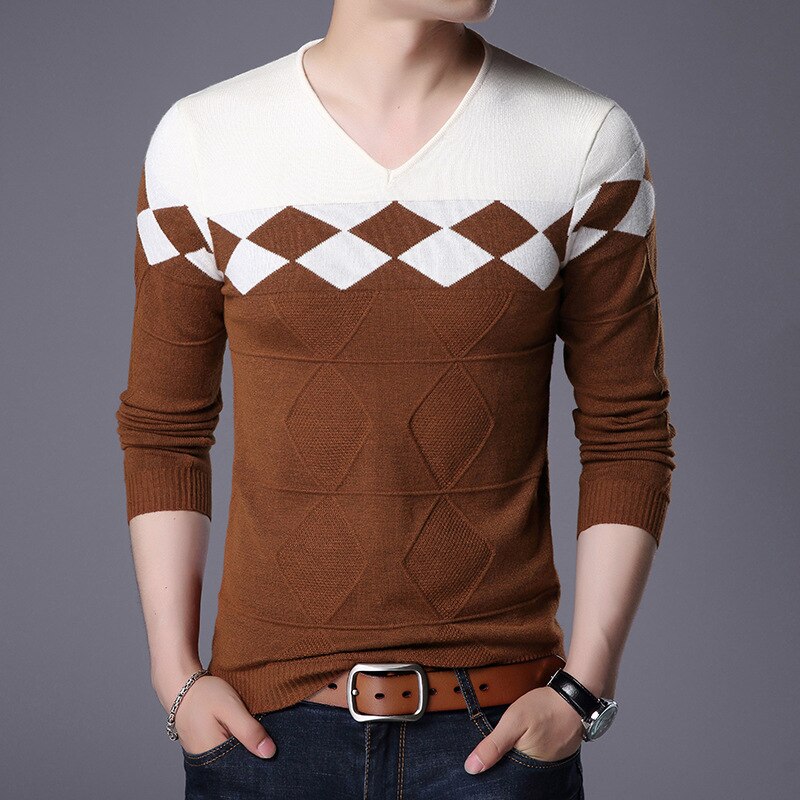 New Men Pullover Fashion V Neck Spring Autumn Slim Fit  Knit Patchwork Striped Male Sweater Casual Jumpers Outwear Full Sweater