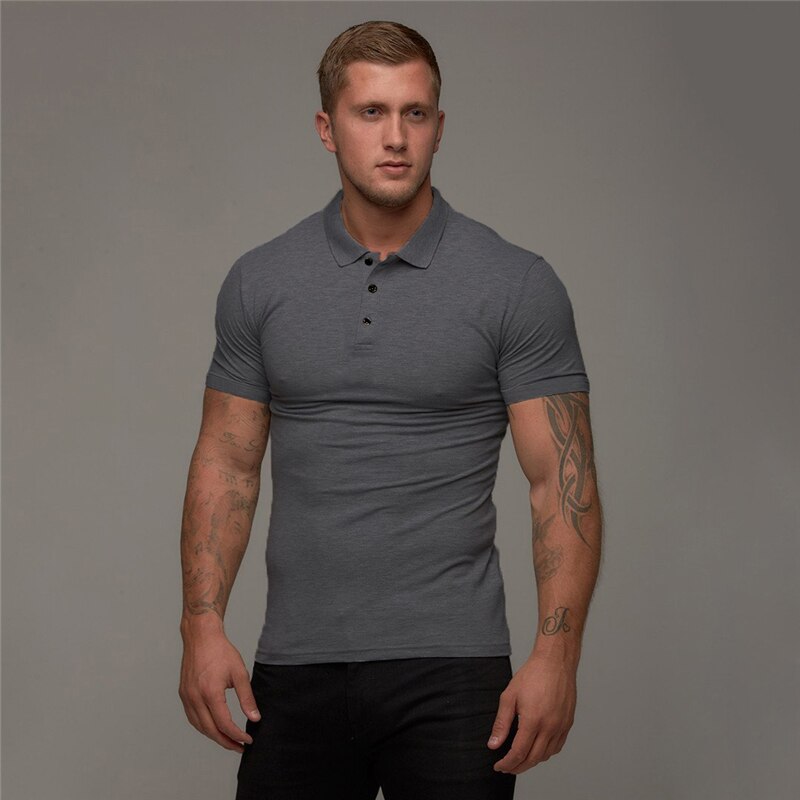 New Summer Fashion Mens Solid Short Sleeve Polo Shirts Cotton Slim Fit Turn Collar Male Gym Bodybuilding Fitness Polo Shirt