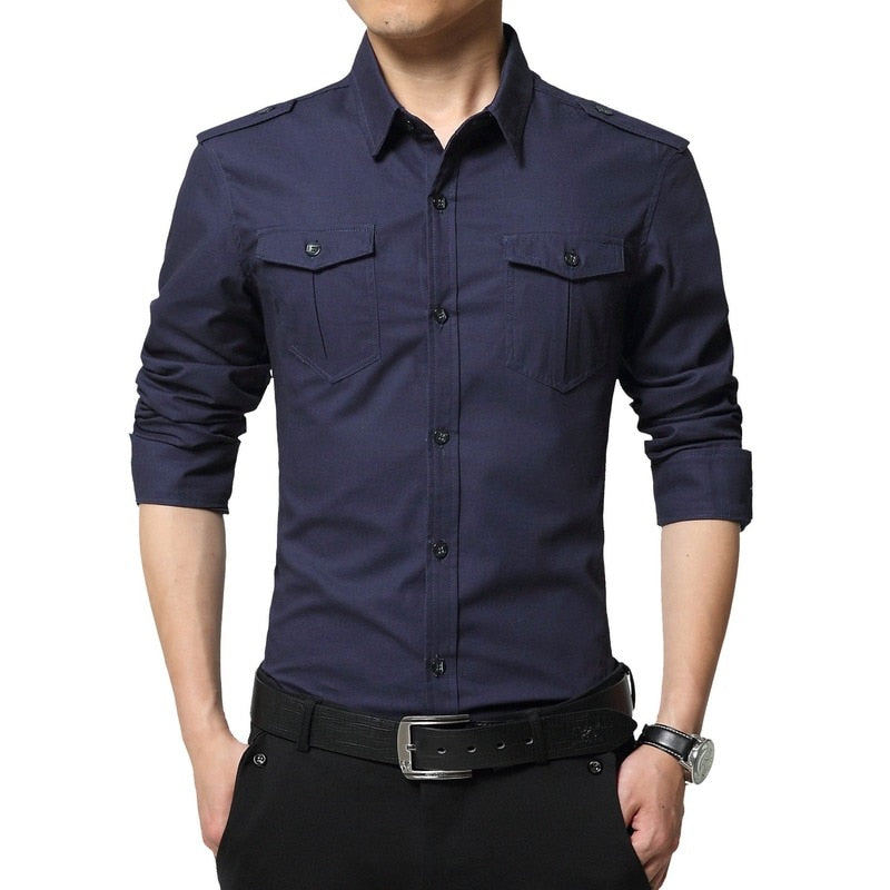 Mens Cotton Long Sleeves Military Pocket Shirts