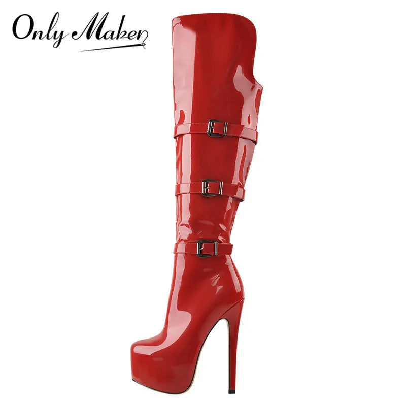 Only maker Frauen Plattform runde Zehen Stiletto Seite Reiß verschluss über dem Knie hohe Stiefel Lack leder rot Mode sexy Winters tiefel