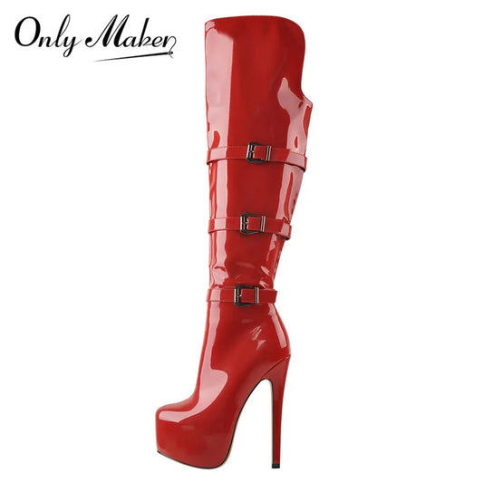 Only maker Frauen Plattform runde Zehen Stiletto Seite Reiß verschluss über dem Knie hohe Stiefel Lack leder rot Mode sexy Winters tiefel